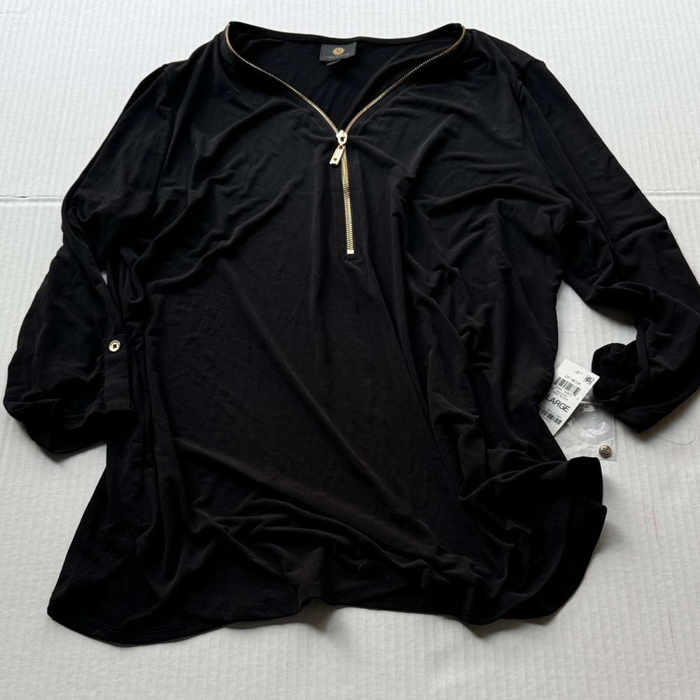 JM Collection Black Long Sleeve V-Neck Top with Gold Zip